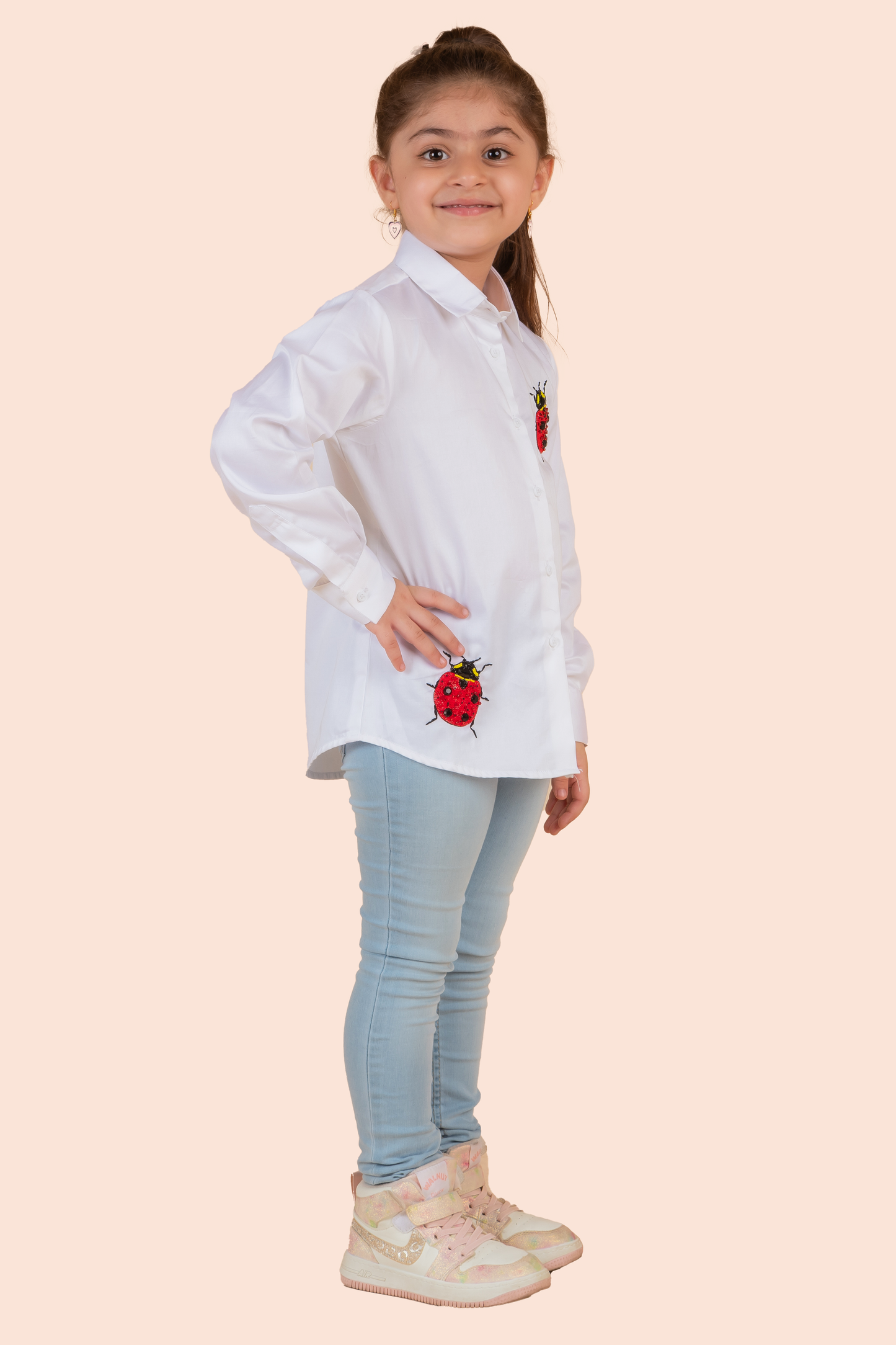White Cotton Satin Embroidery Ladybug Shirt