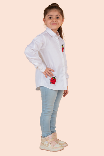 White Cotton Satin Embroidery Ladybug Shirt