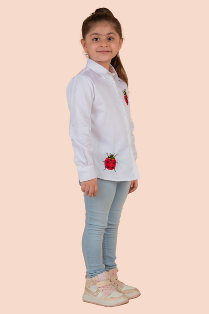 White Cotton Satin Embroidery Ladybug Shirt