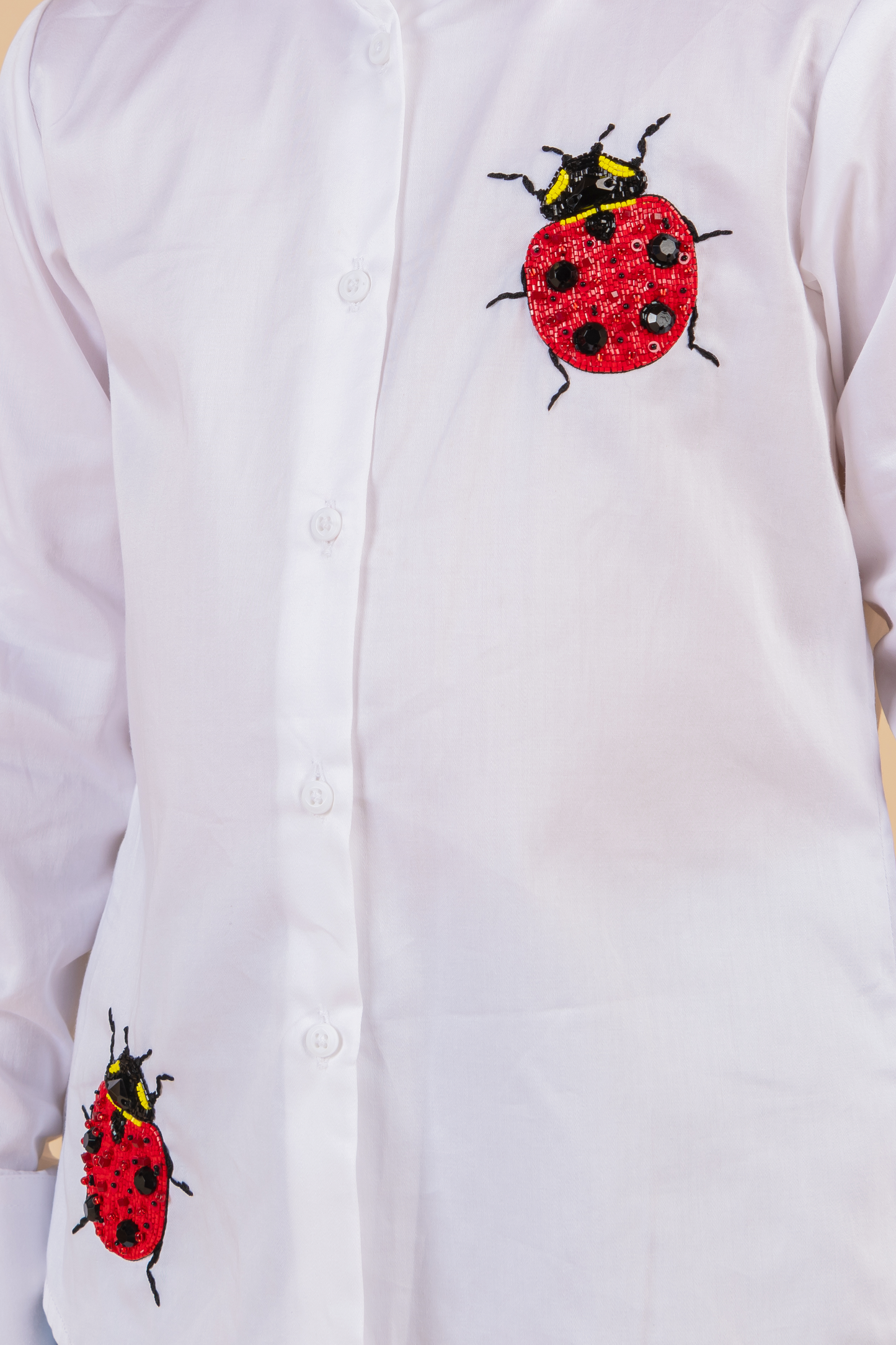 White Cotton Satin Embroidery Ladybug Shirt