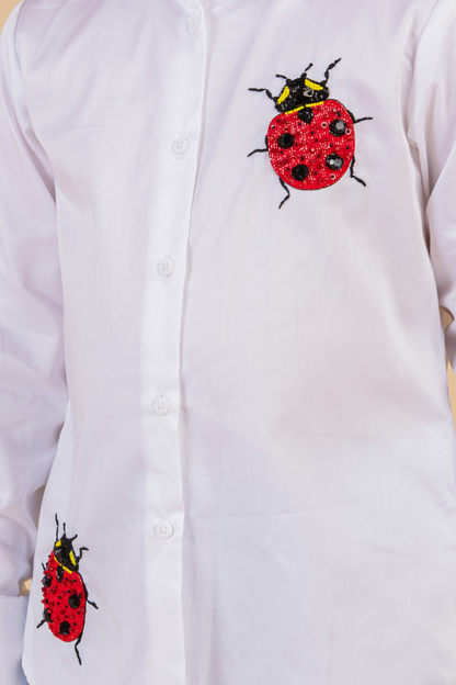 White Cotton Satin Embroidery Ladybug Shirt