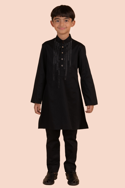 Black Cotton Satin Beads Embroidered Kurta Set