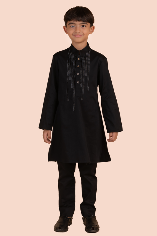 Black Cotton Satin Beads Embroidered Kurta Set