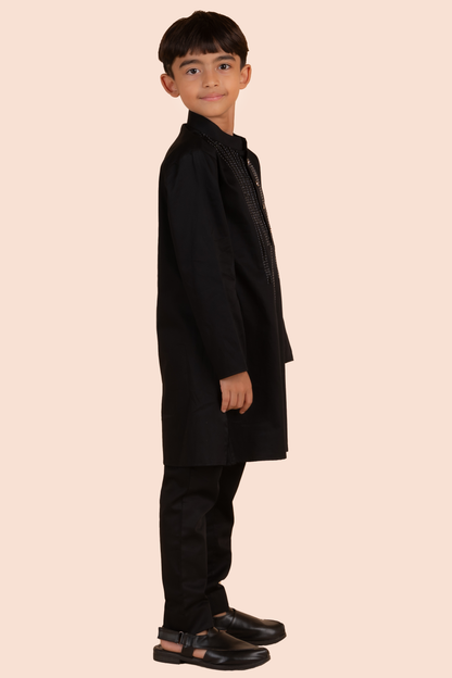 Black Cotton Satin Beads Embroidered Kurta Set