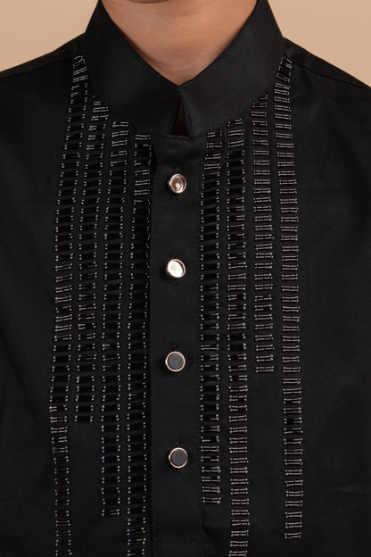 Black Cotton Satin Beads Embroidered Kurta Set