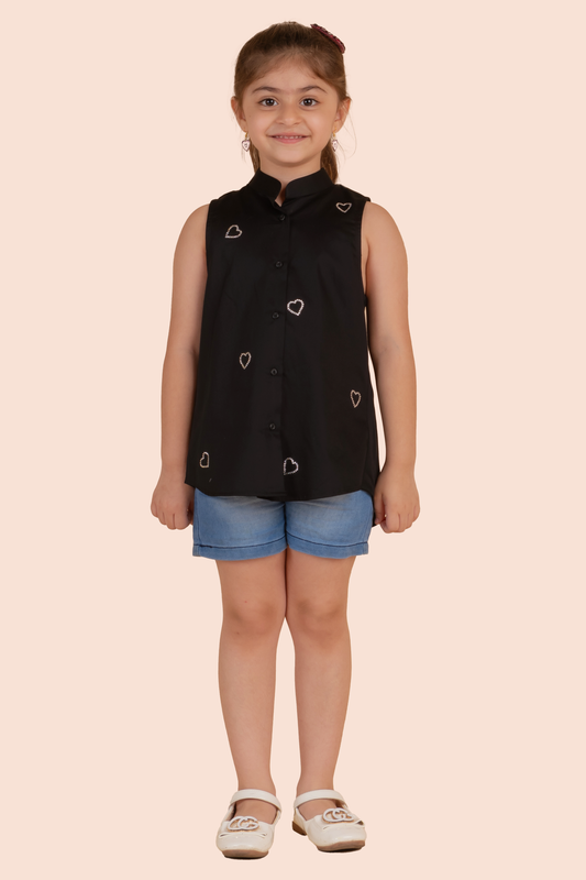 Black Shirt With Silver Swarovski Hearts