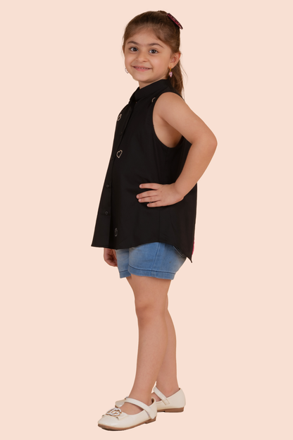 Black Shirt With Silver Swarovski Hearts