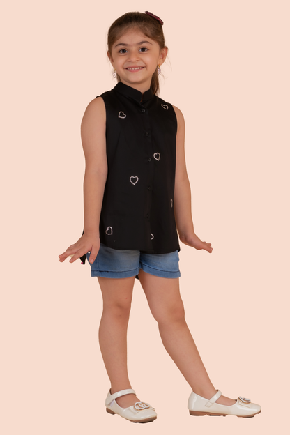 Black Shirt With Silver Swarovski Hearts