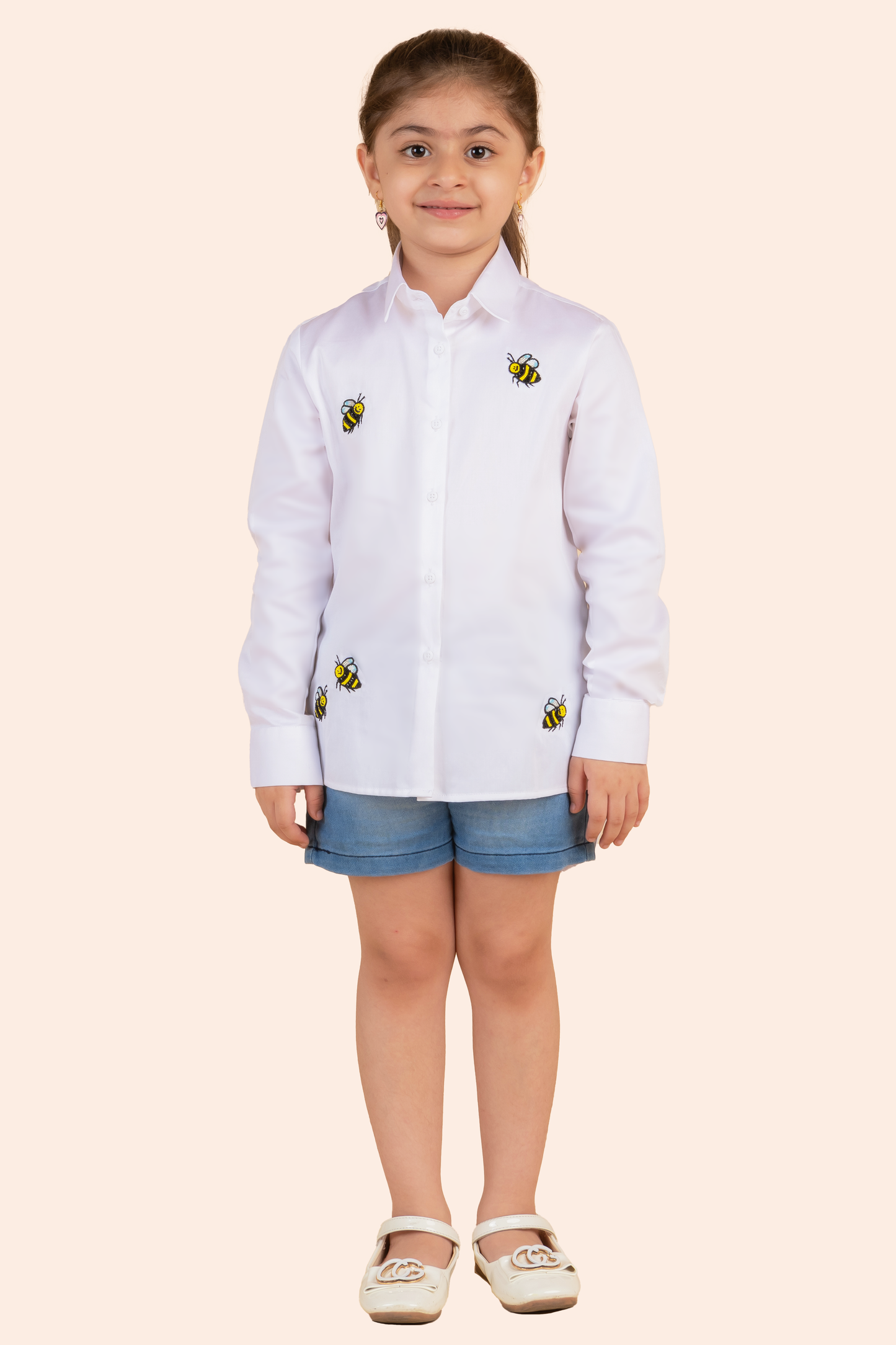 White Cotton Embroidery Bee Motif Shirt