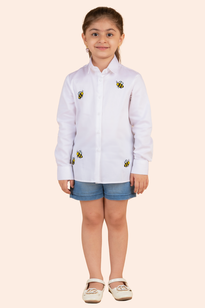 White Cotton Embroidery Bee Motif Shirt