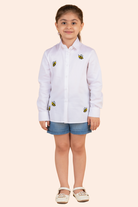White Cotton Embroidery Bee Motif Shirt