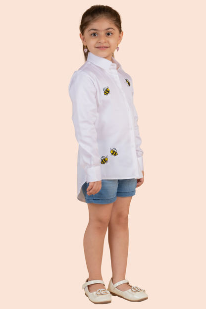 White Cotton Embroidery Bee Motif Shirt