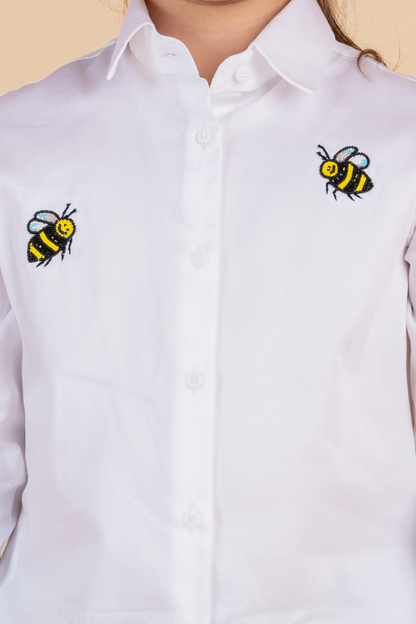 White Cotton Embroidery Bee Motif Shirt