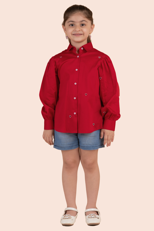 Red Shirt With White Heart Cutwork Embroidery