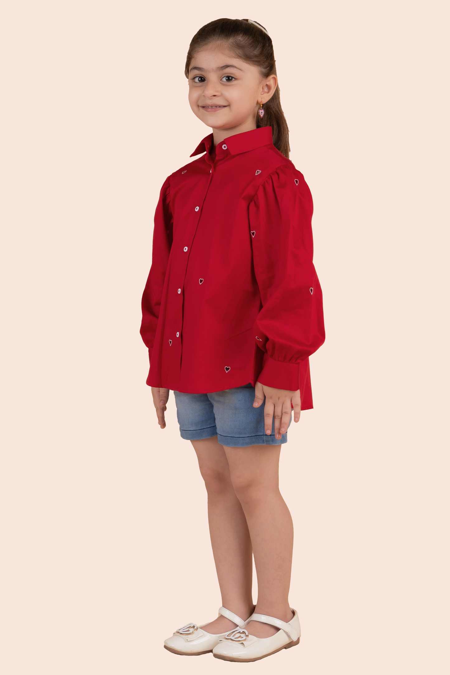 Red Shirt With White Heart Cutwork Embroidery