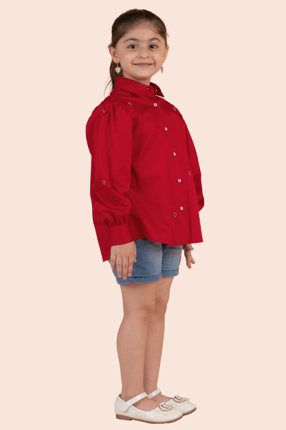 Red Shirt With White Heart Cutwork Embroidery