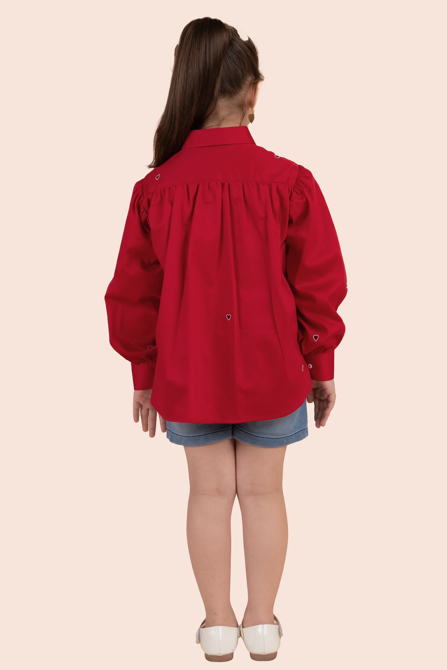 Red Shirt With White Heart Cutwork Embroidery