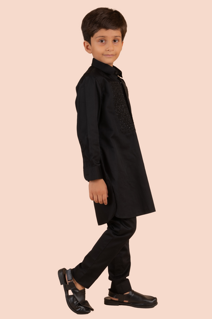 Black Cotton Satin Cutdana Embroidered Kurta Set 