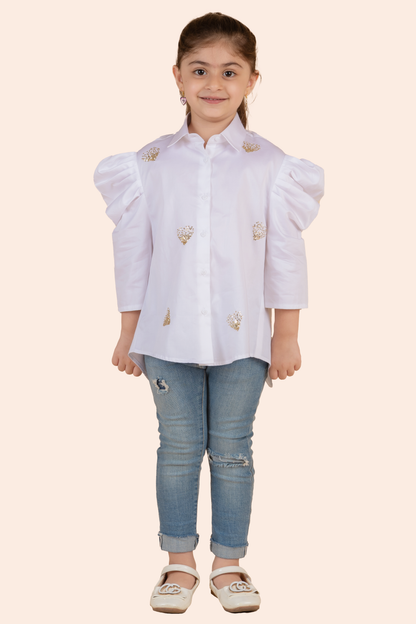 White Shirt With Gold Sequin Heart Embroidery