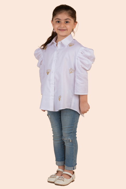 White Shirt With Gold Sequin Heart Embroidery