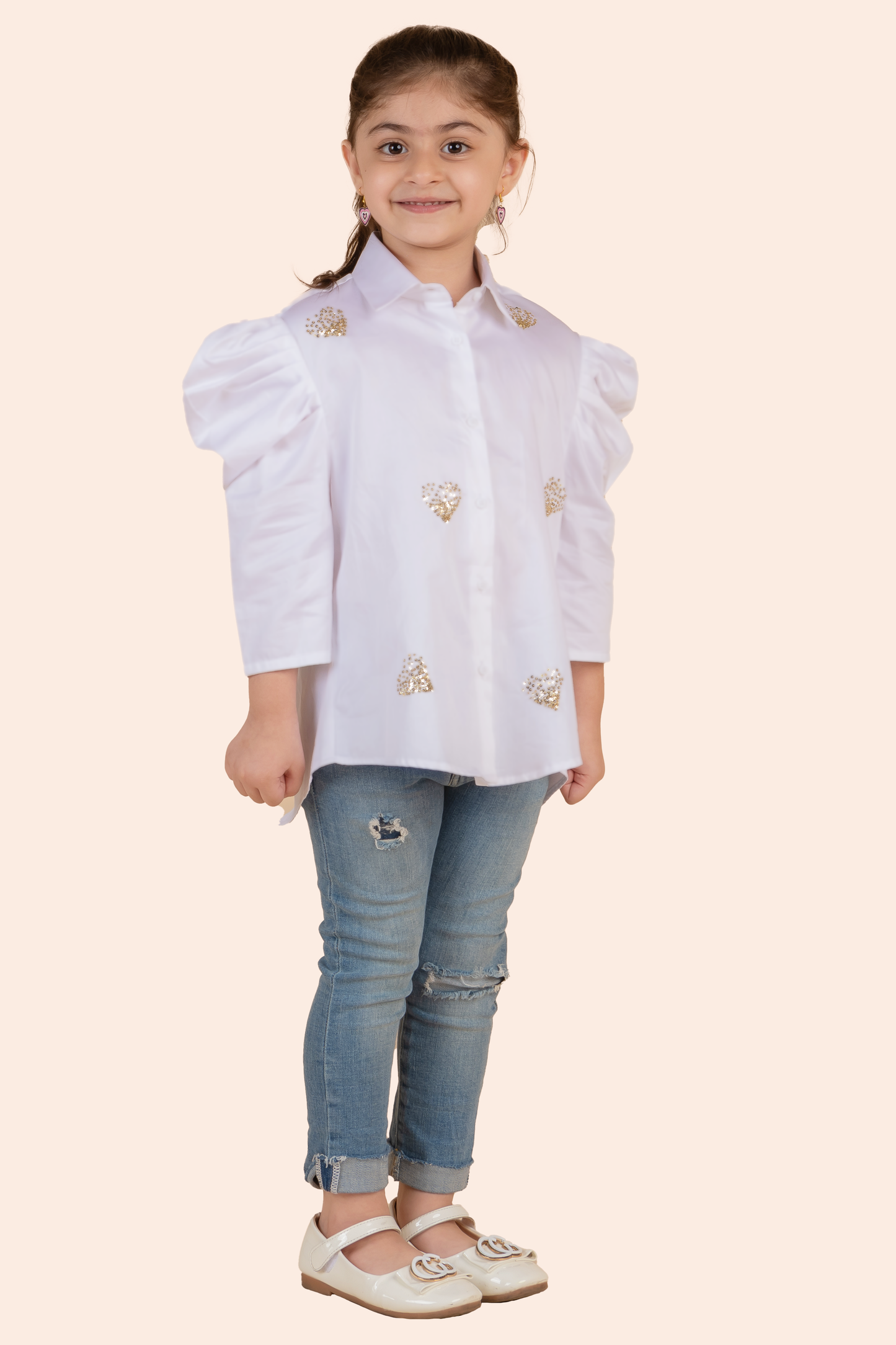 White Shirt With Gold Sequin Heart Embroidery