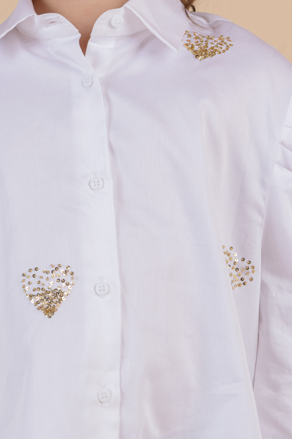 White Shirt With Gold Sequin Heart Embroidery