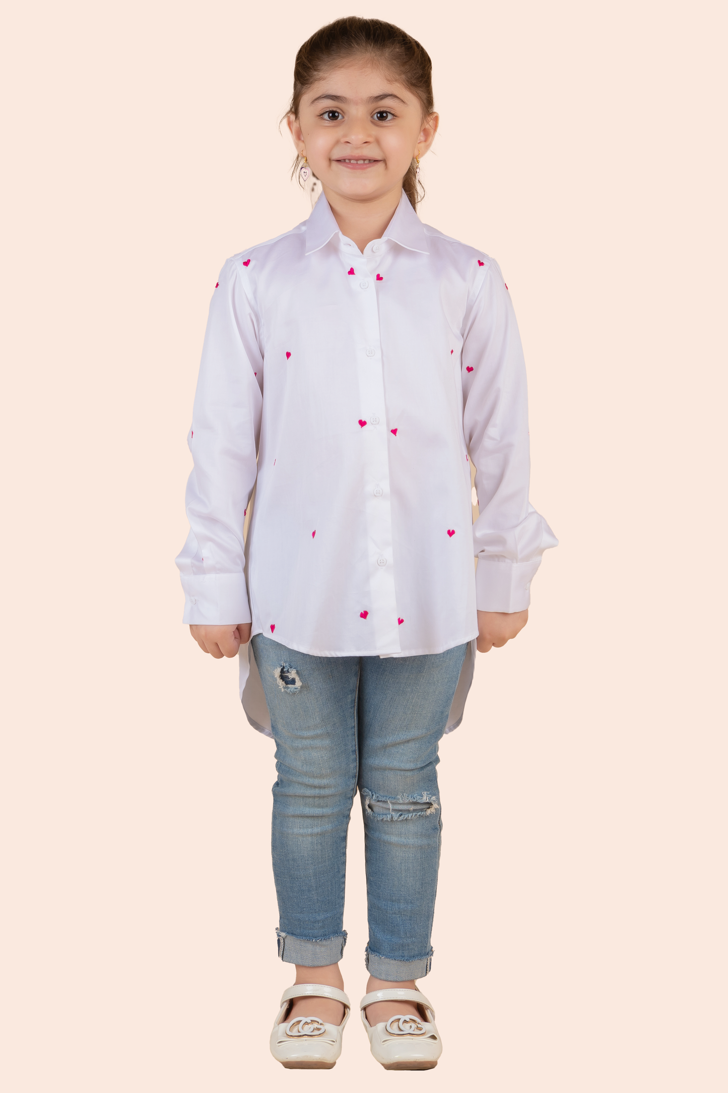 White Shirt With Pink Thread Embroidered Hearts