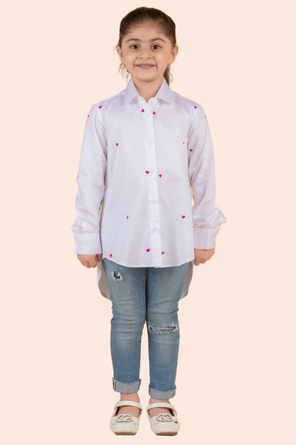 White Shirt With Pink Thread Embroidered Hearts