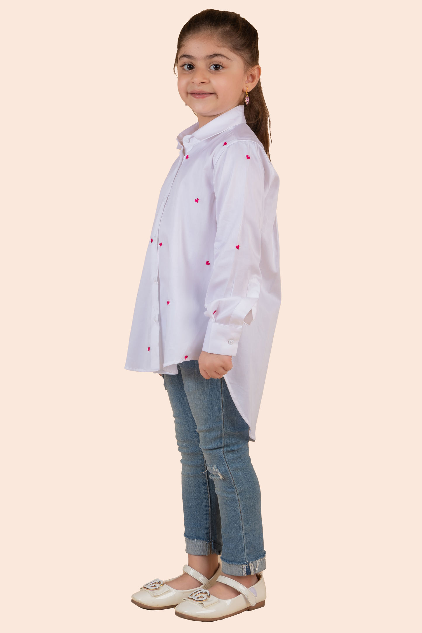 White Shirt With Pink Thread Embroidered Hearts