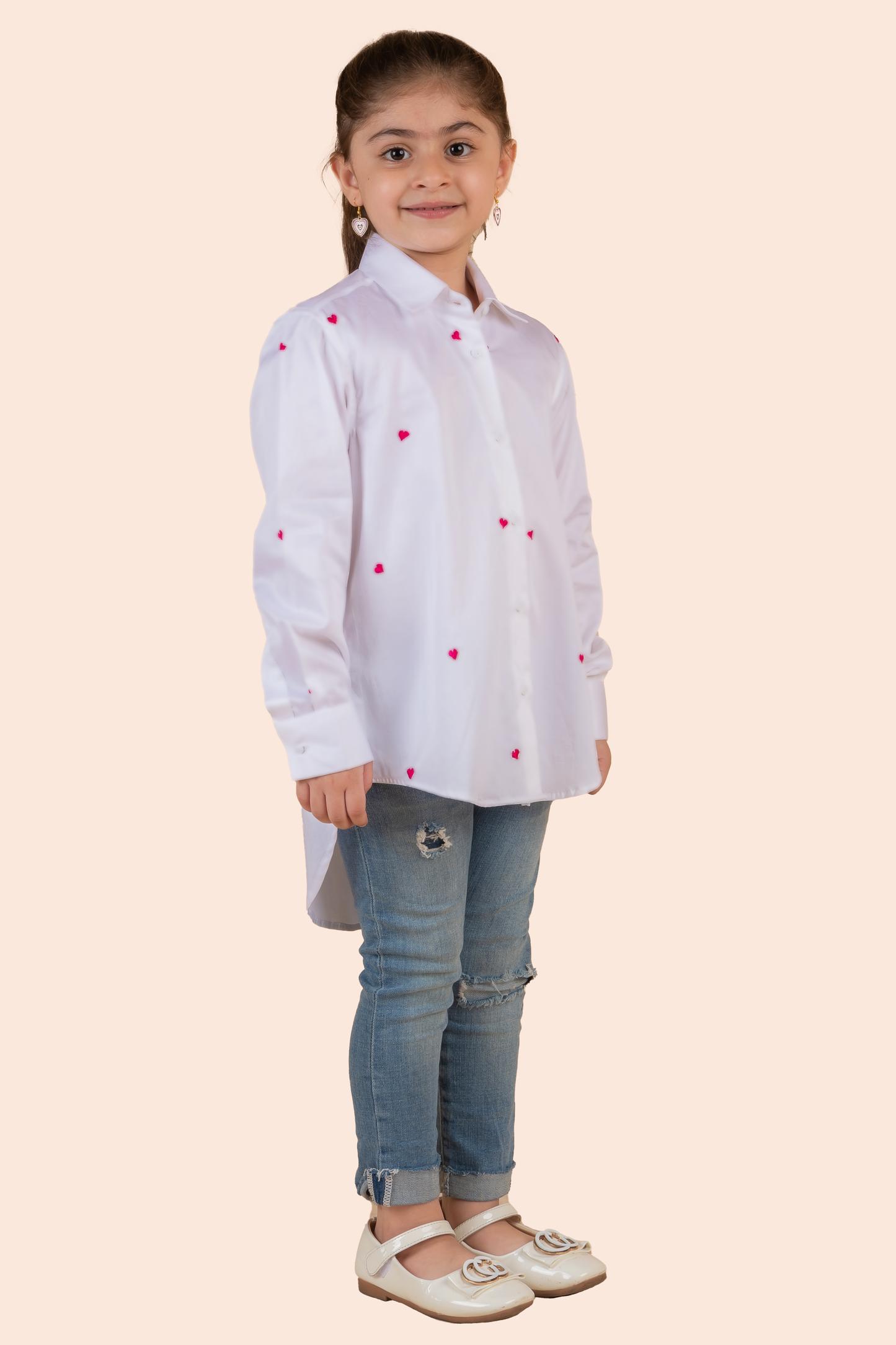 White Shirt With Pink Thread Embroidered Hearts