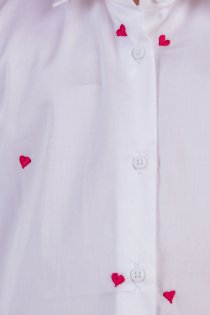White Shirt With Pink Thread Embroidered Hearts