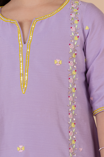 Lavender Cotton Silk Heart Embroidered A-Line Kurta Set