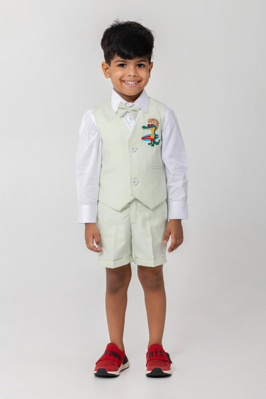 Surfing Dino Embroidered Mint Colour Waistcoat Set