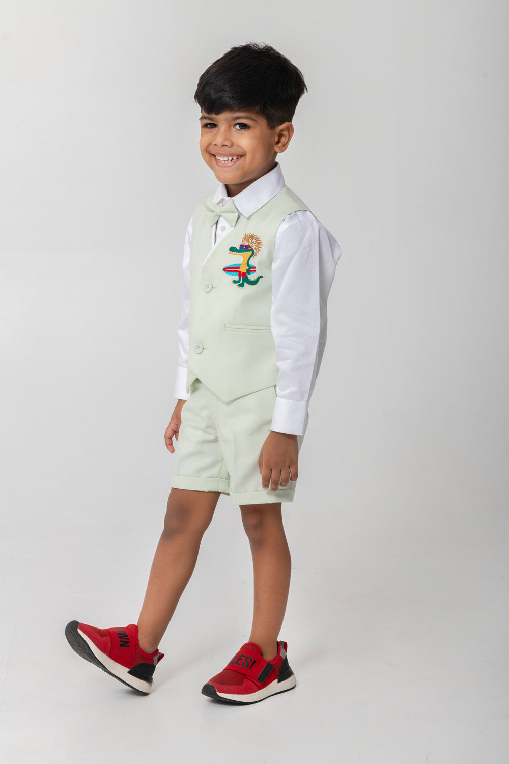 Surfing Dino Embroidered Mint Colour Waistcoat Set