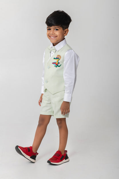 Surfing Dino Embroidered Mint Colour Waistcoat Set