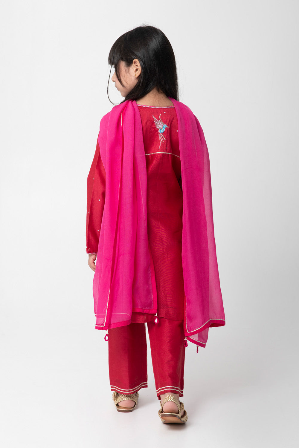 Cherry Colour Ethnic Suit With Very Attractive Embroidery With Matching Pants And Contrast Dupata