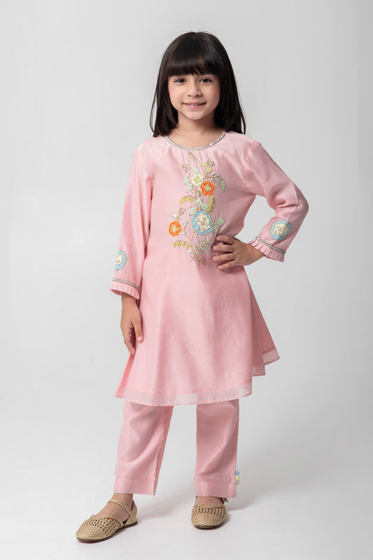 Corel Colour Suit With Matching Pants With Very Cute Patchwork Embroidery