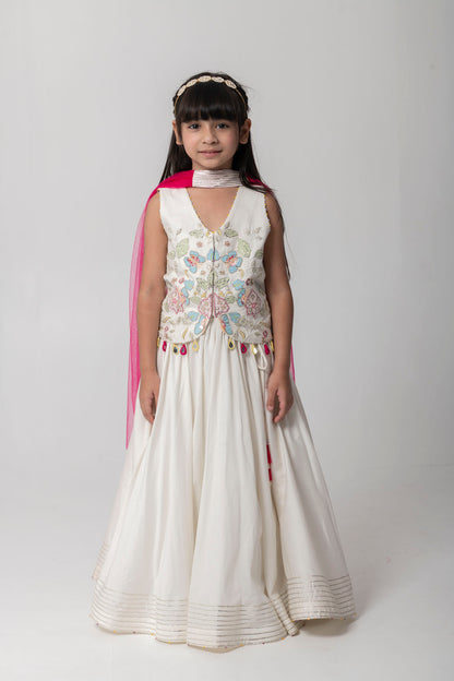 Ivory Colour Lehenga Set With Intricate Patchwork Embroidery And Contrast Dupatta