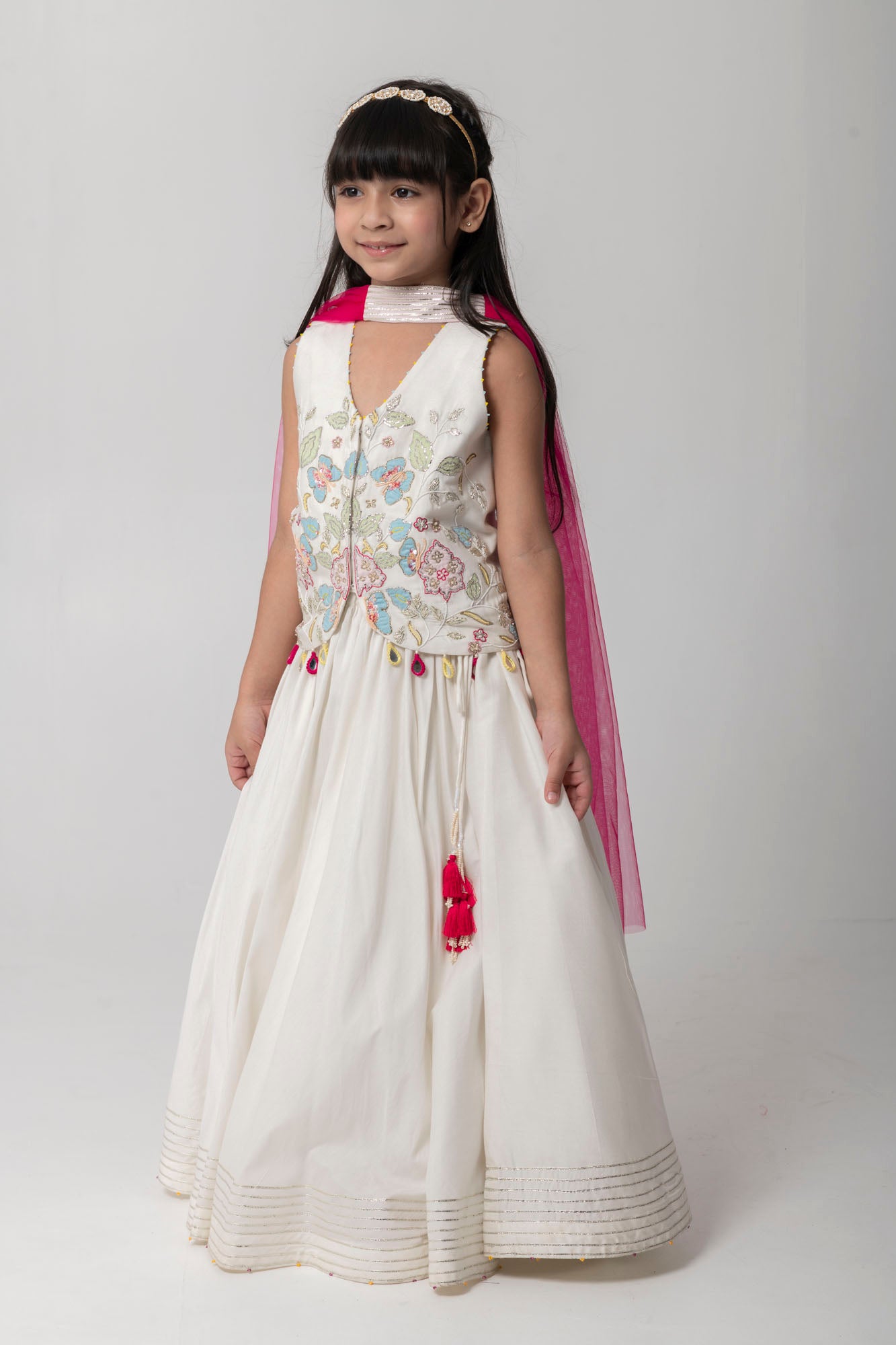 Ivory Colour Lehenga Set With Intricate Patchwork Embroidery And Contrast Dupatta