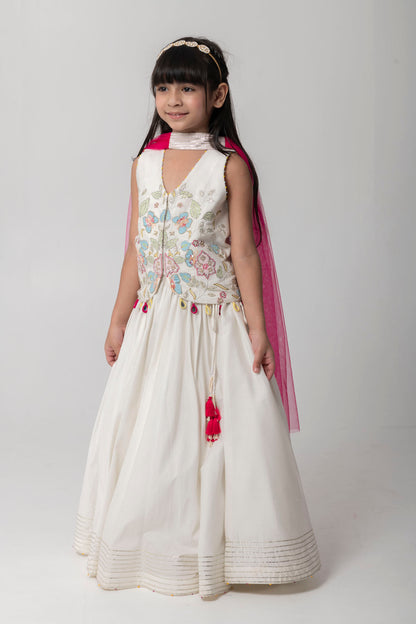Ivory Colour Lehenga Set With Intricate Patchwork Embroidery And Contrast Dupatta