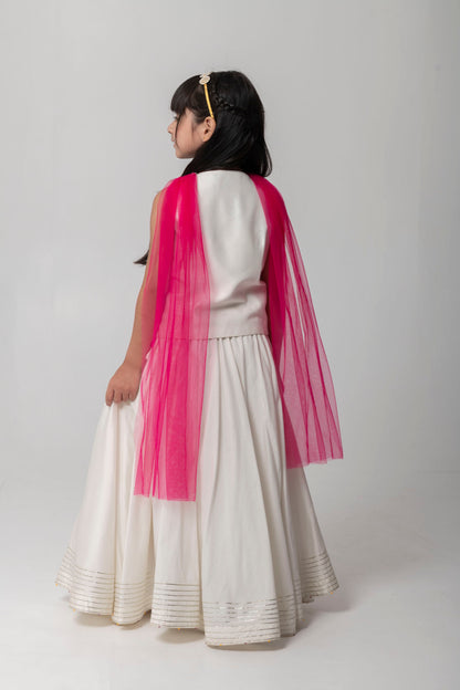 Ivory Colour Lehenga Set With Intricate Patchwork Embroidery And Contrast Dupatta