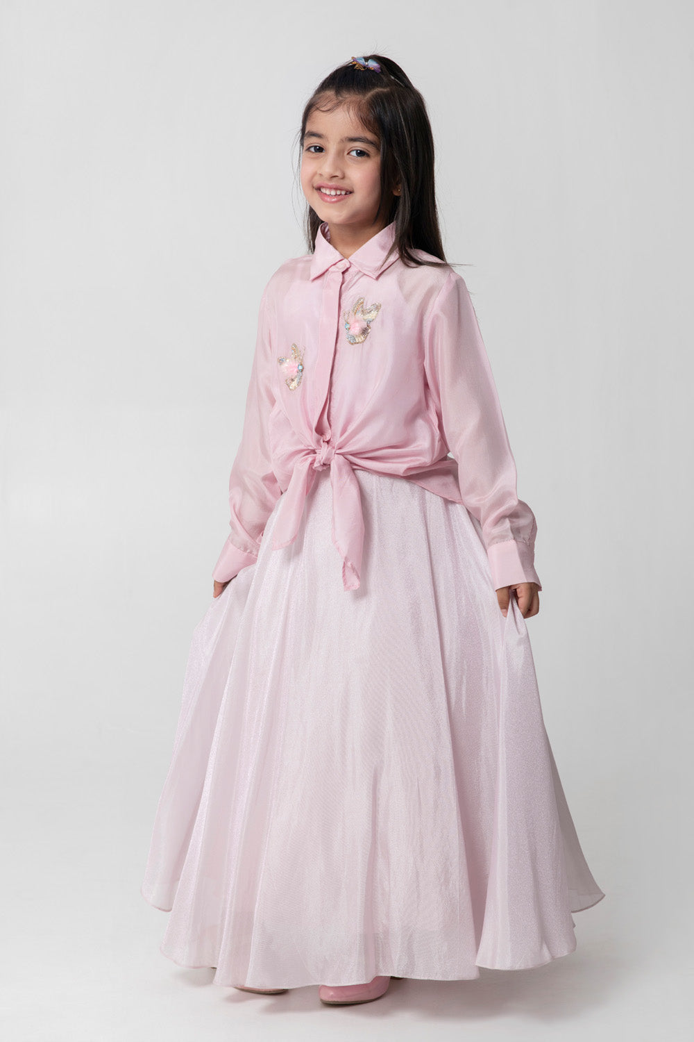 Pink Tieup Shirt With Shimmery Matching Skirt