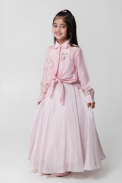 Pink Tieup Shirt With Shimmery Matching Skirt