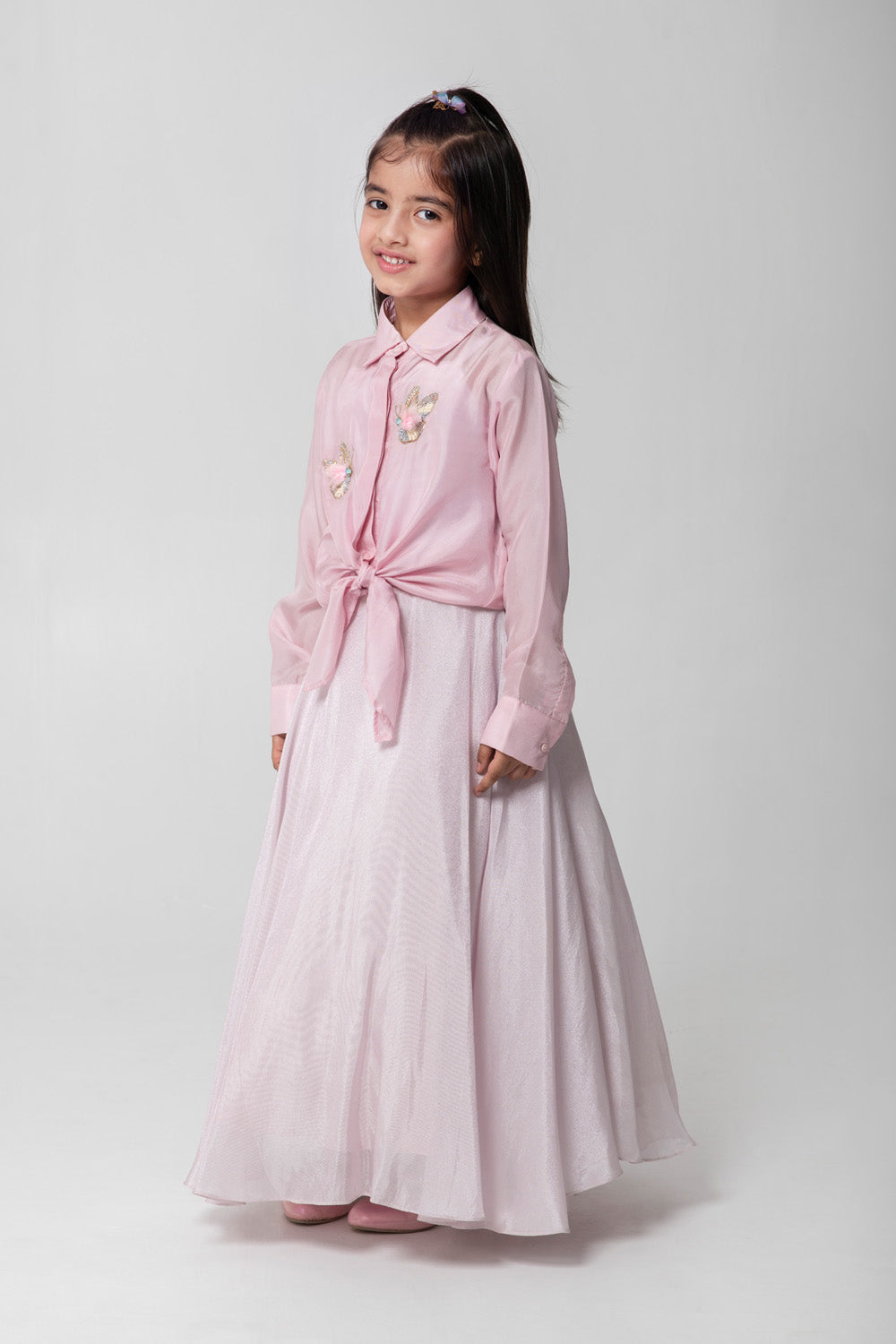 Pink Tieup Shirt With Shimmery Matching Skirt
