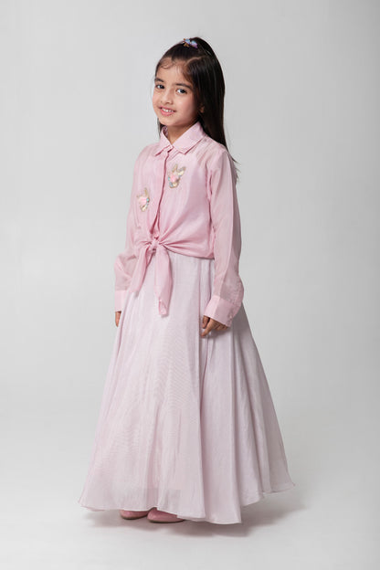 Pink Tieup Shirt With Shimmery Matching Skirt