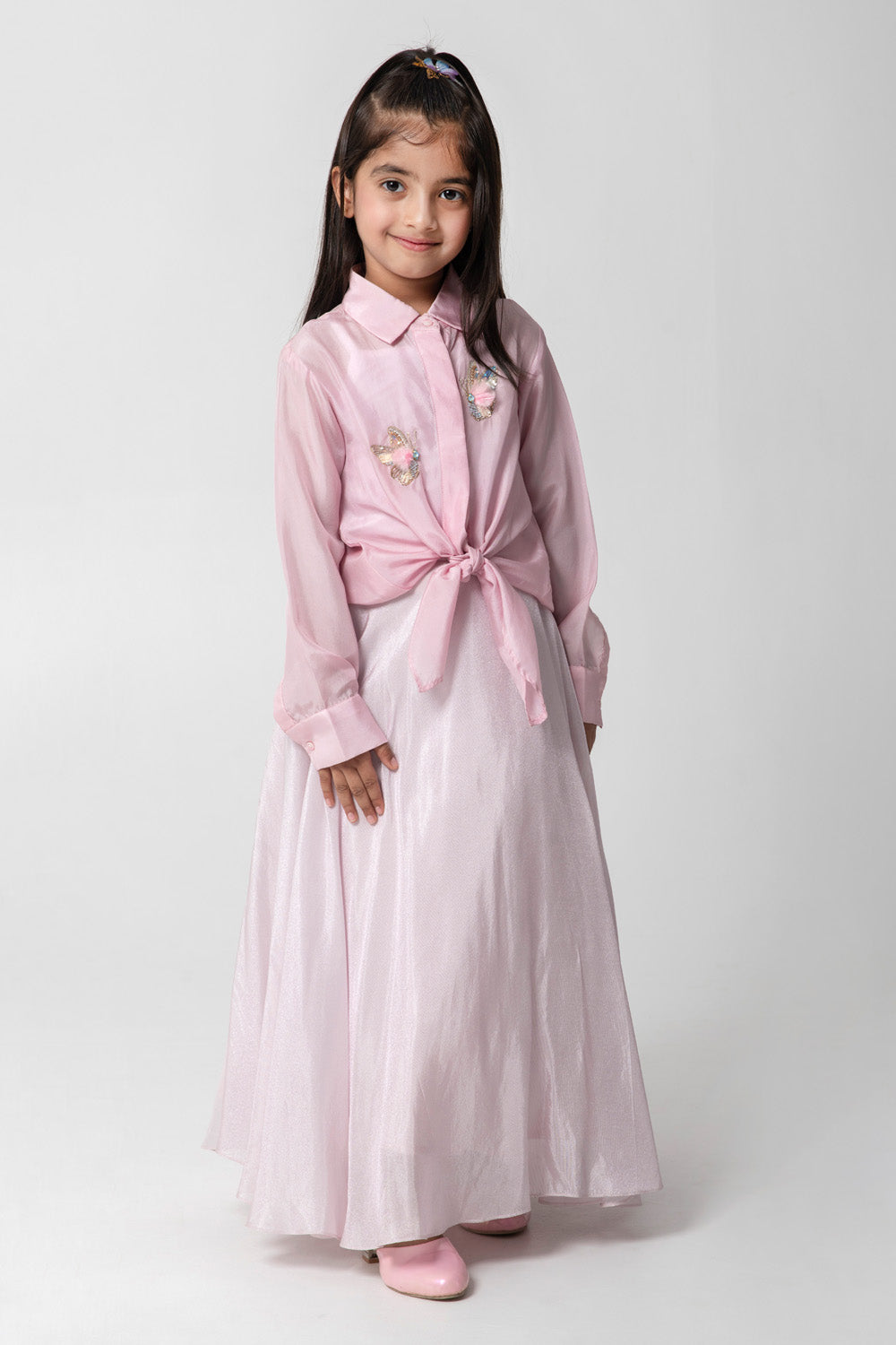 Pink Tieup Shirt With Shimmery Matching Skirt