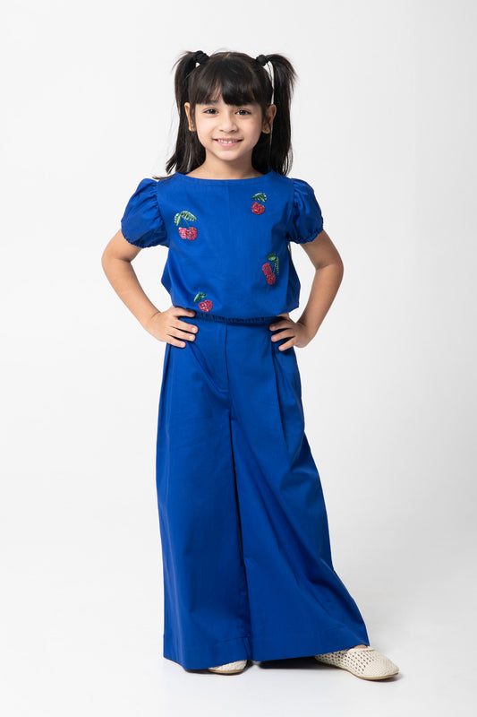Royal Blue Cherry Embroidered Coord Set