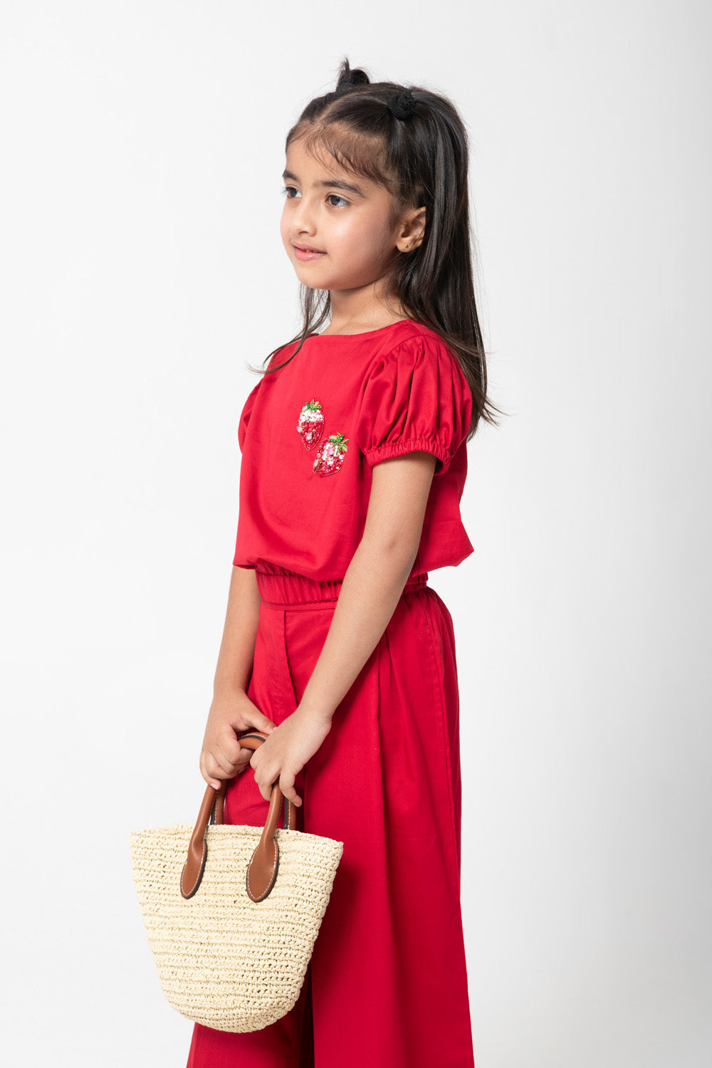 Very Cute Red Coord Set With Starwberry Embelished On Top