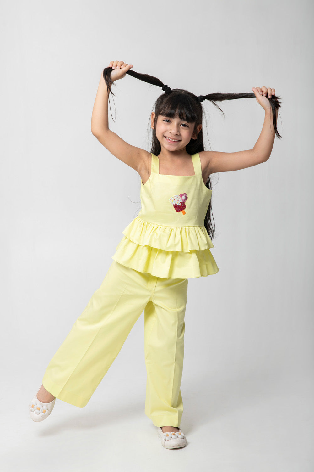 Ice-Cream Embroidered Top With Frill Detailing And Same Pants