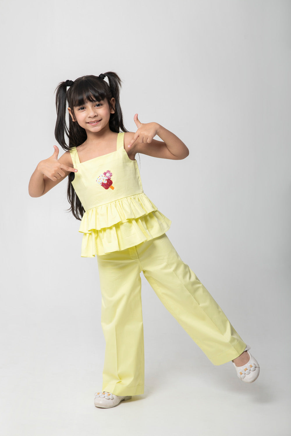 Ice-Cream Embroidered Top With Frill Detailing And Same Pants